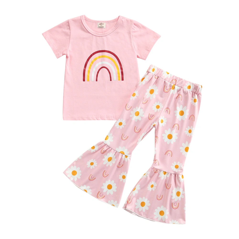 Girls Casual Clothes Set, Pink Short Sleeve Tops and Flared Pants