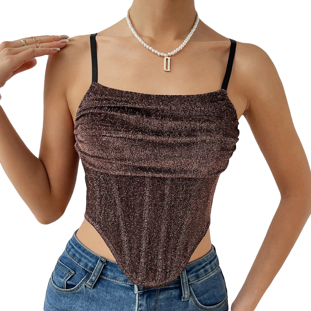 Women Camisole, Spaghetti Straps Shiny Pleated Irregular Tops