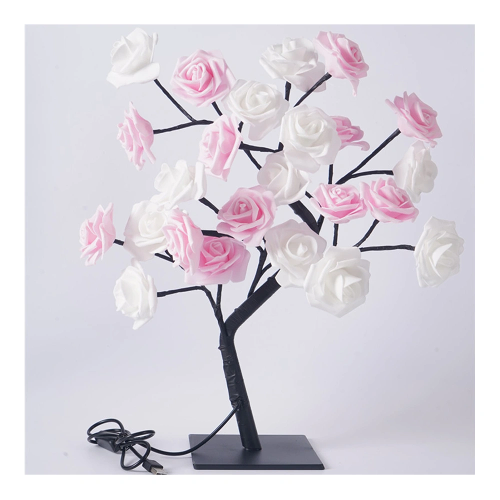 LED Tabletop Bonsai Tree Lamp USB Tree Lamp Christmas Bedroom Decoration Table Night Light White Pink 24 Lights Rose