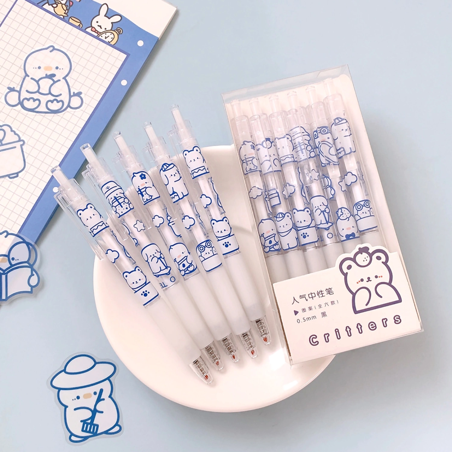 6 Pcs Gel Pens Simple Cute Cartoon Pattern Quick Drying Retractable Fine Point Gel Pen Student Test Pen Set 0.5mm Bullet Astronaut