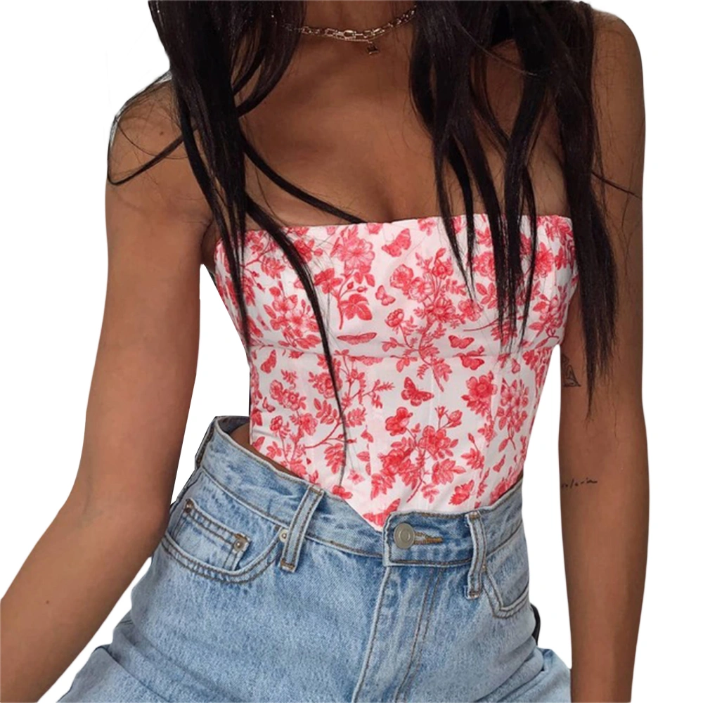 Women Tube Top, Strapless Backless Flower Print Irregular Hem Vest