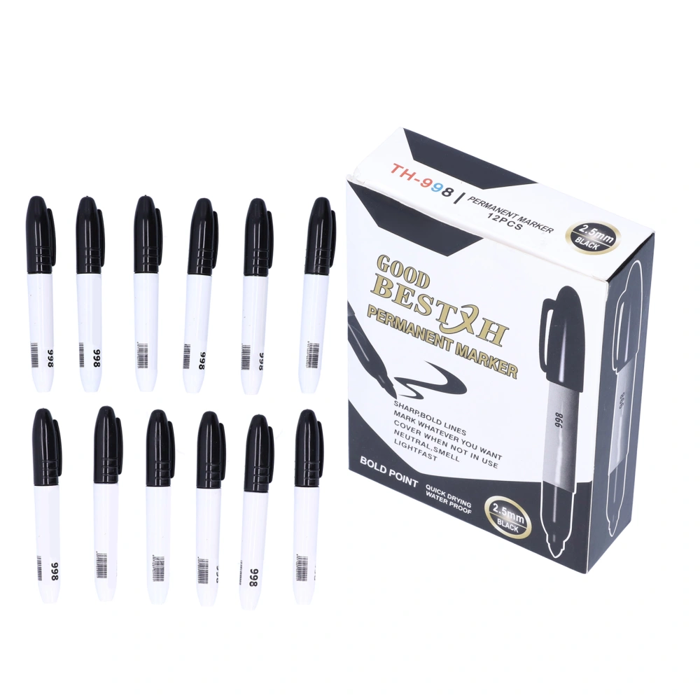 12Pcs Permanent Markers ThickHeaded QuickDrying Plastic Metal Coloring Doodling Marking Pen(Black )