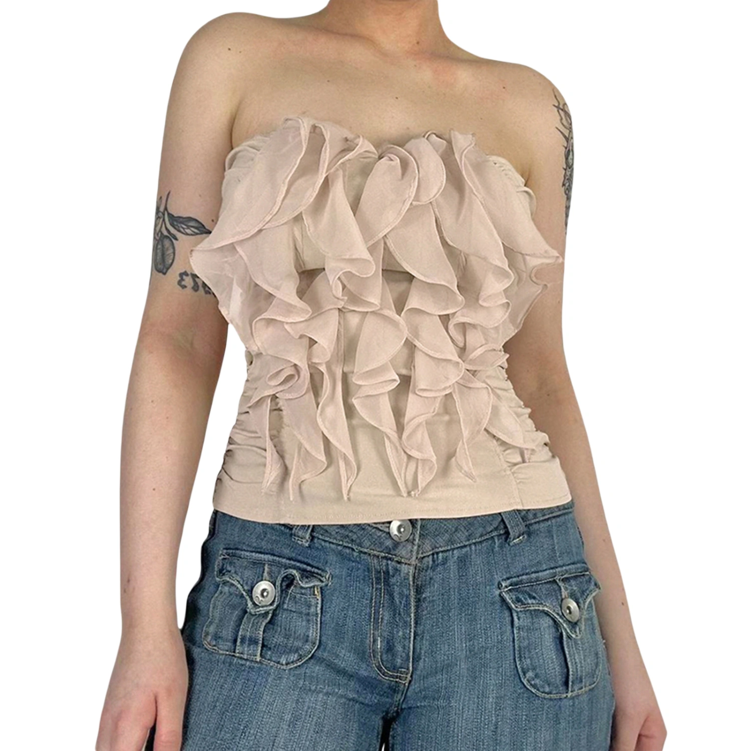 Women Summer Ruffled Bandeau Solid Color Ruched Off-shoulder Crop Tops