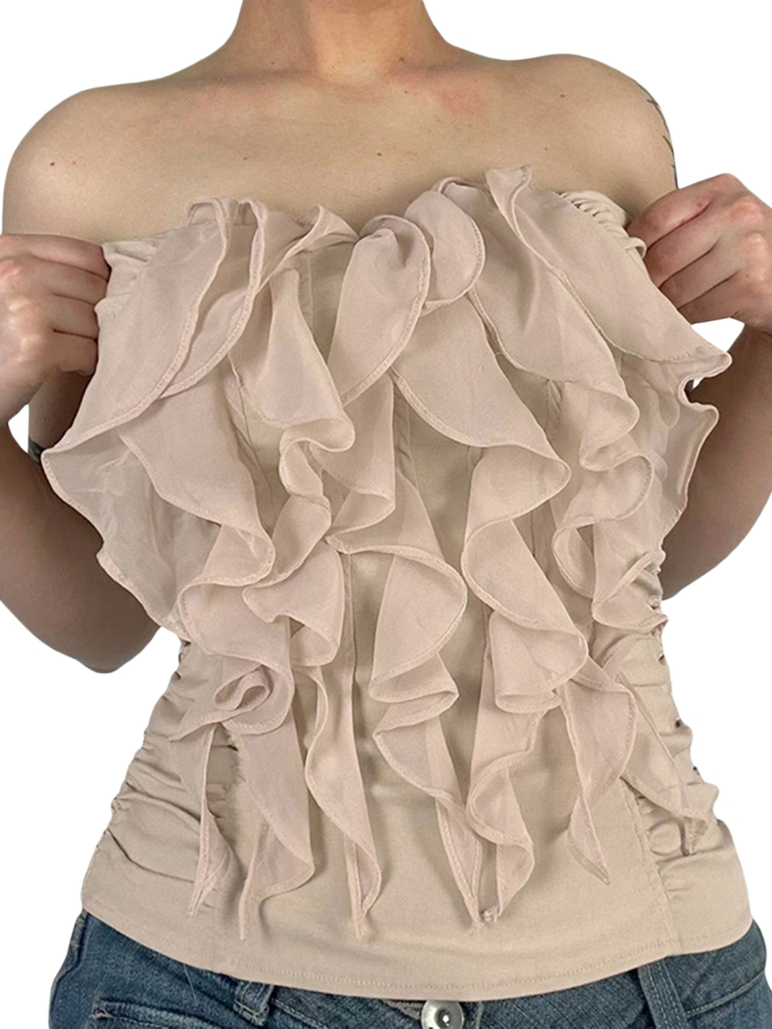 Women Summer Ruffled Bandeau Solid Color Ruched Off-shoulder Crop Tops