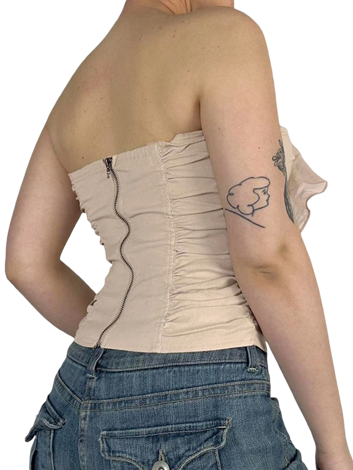 Women Summer Ruffled Bandeau Solid Color Ruched Off-shoulder Crop Tops