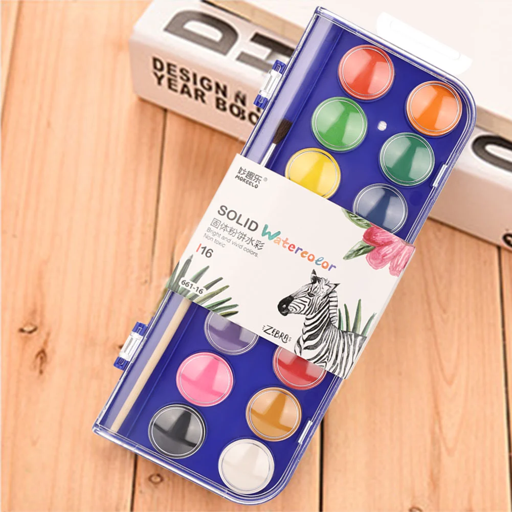Mokeelo 10/12/16/28/36 Colors Solid Watercolor Cake with Brush (661-16 Colors)