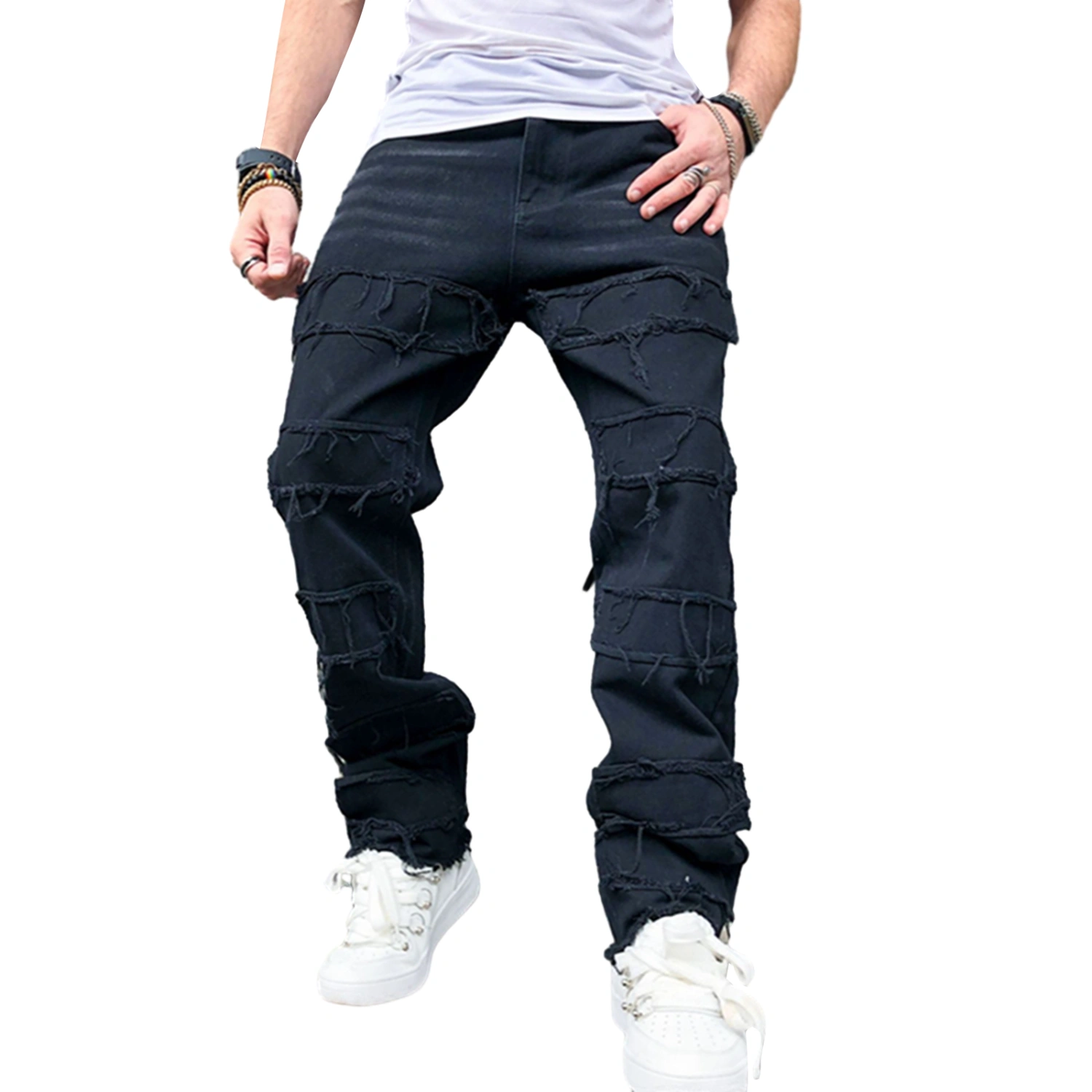 Men Baggy Denim Pants Solid Color Wide Leg Pants with Pockets