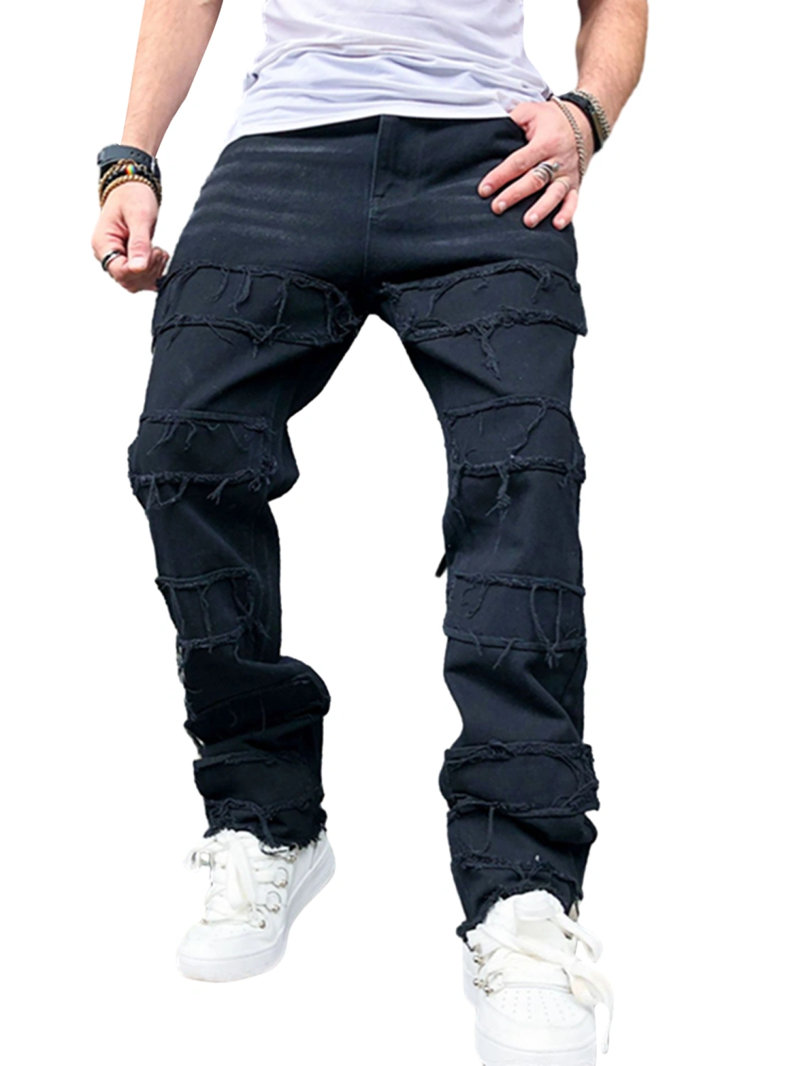 Men Baggy Denim Pants Solid Color Wide Leg Pants with Pockets