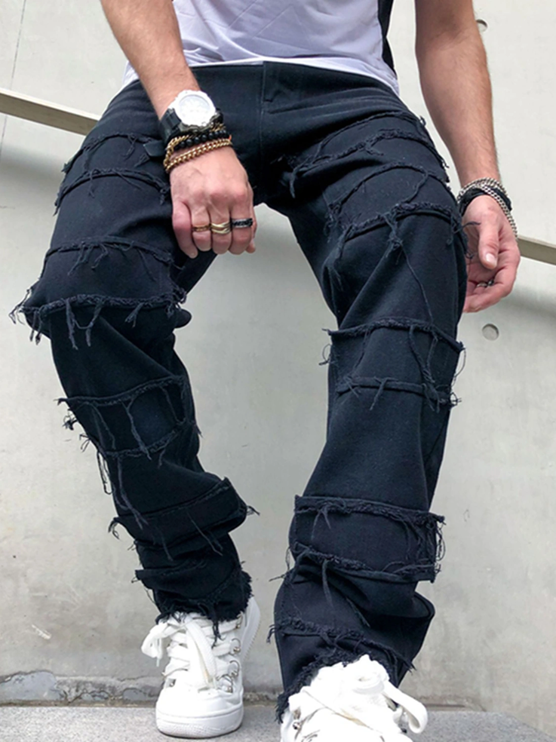 Men Baggy Denim Pants Solid Color Wide Leg Pants with Pockets
