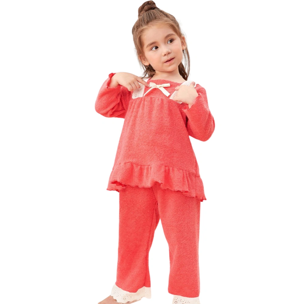 Toddler Girls 2Pcs Sleepwear Set, Long Sleeve Bow Tops + Pants Set