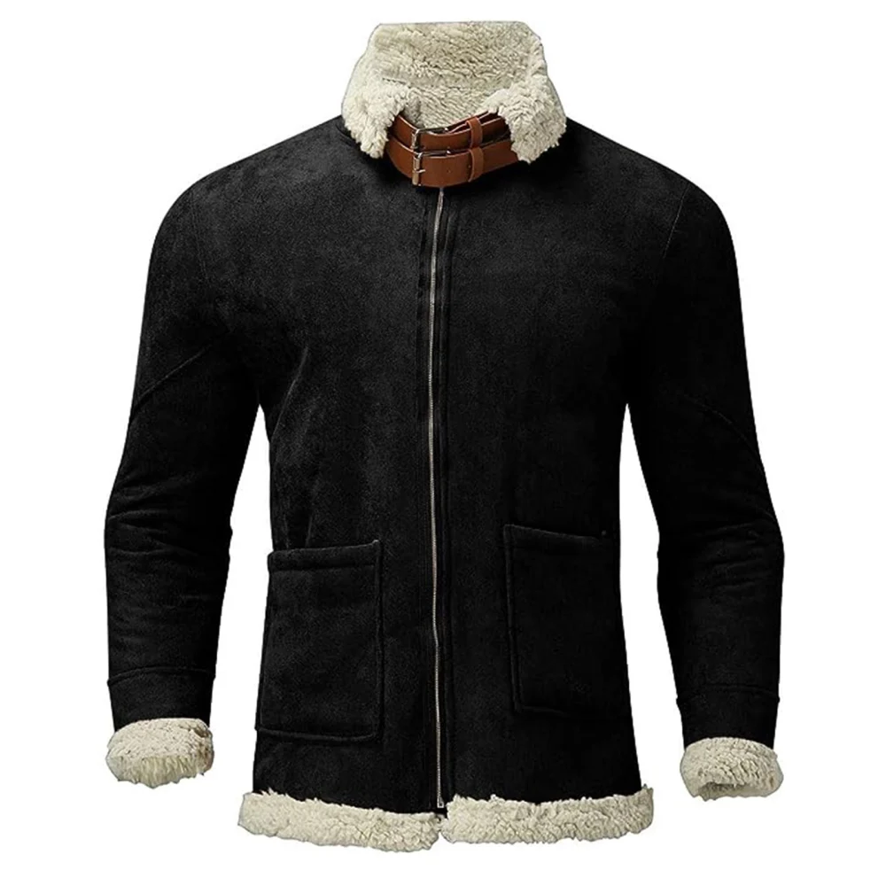 Men’s Sherpa Fleece Lined Jacket Winter Suede Leather Bomber Jacket