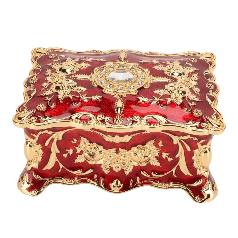 Vintage Jewelry Box European Style Exquisite Velvet Liner Zinc Alloy Trinket Organizer for Anniversary Gold Red