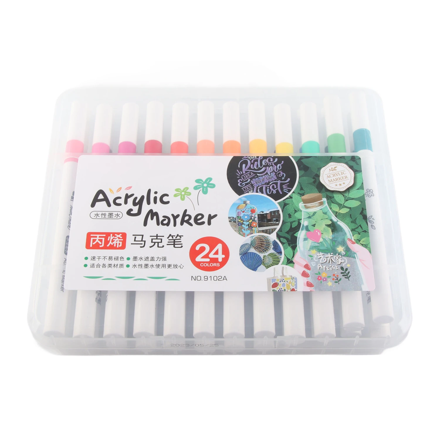 Acrylic Paint Markers Strong Coverage Quick Dry Waterproof Round Barrel Graffiti Markers for Glass Metal Wood 24 Colors