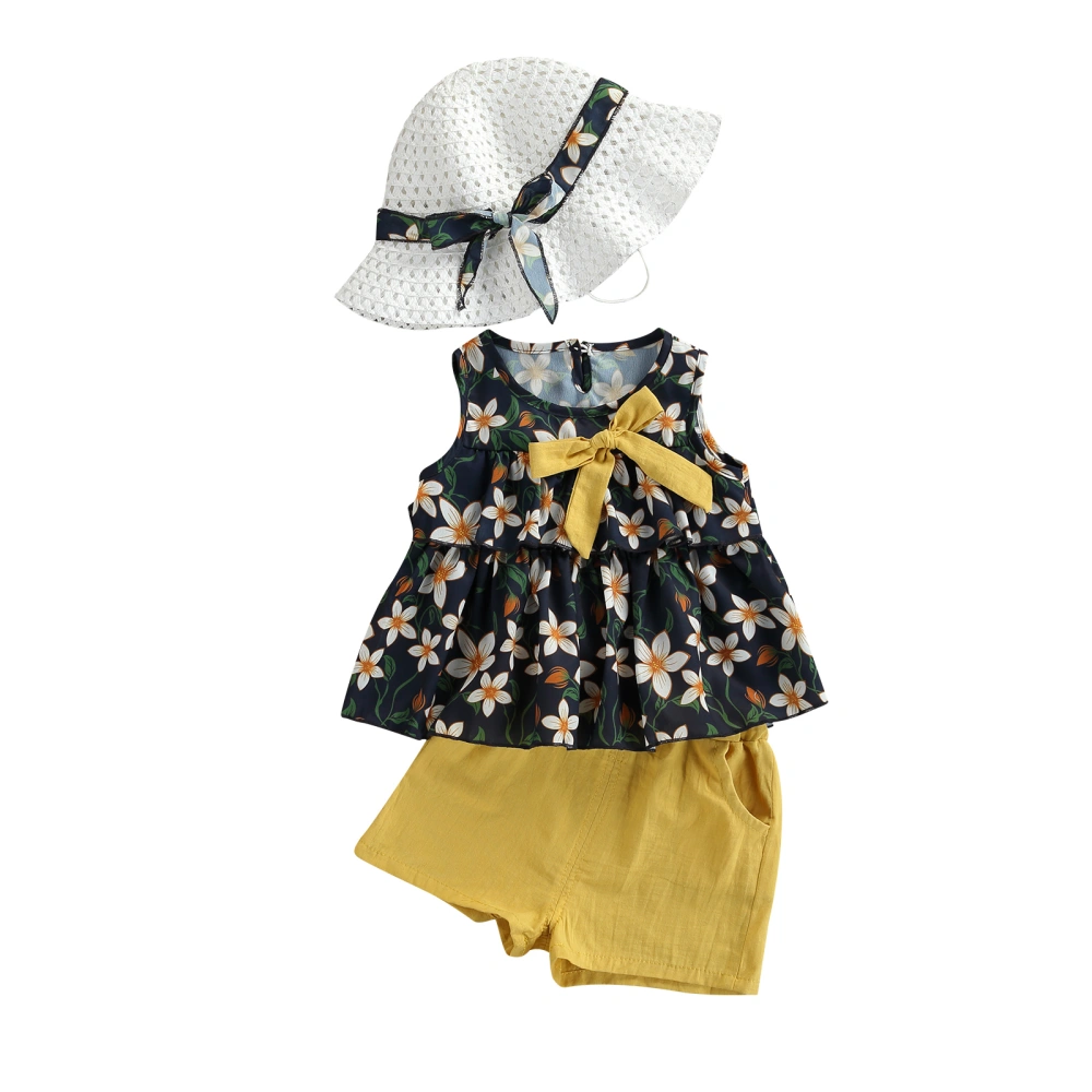 Kids Girls 3-piece Outfit Set Sleeveless Floral Tops+Shorts+Hat Set