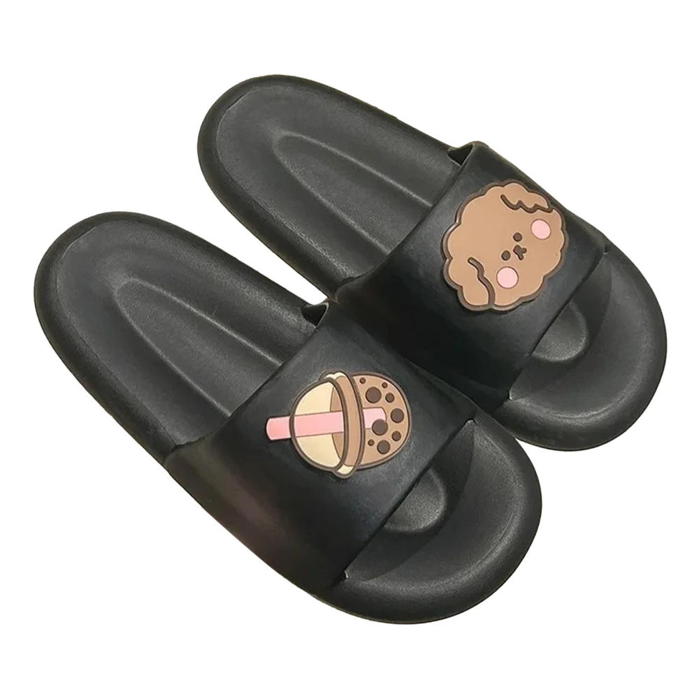 PVC Slippers Comfortable Ergonomic Design Cartoon Pattern Thick Sole Sandals Indoor Home Slippers Milk Tea Dog Black 36-37