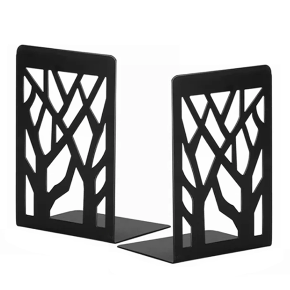 2 Pairs Tree Design Book End Iron Retro Black Decorative Wear Resistant Book Stopper for School