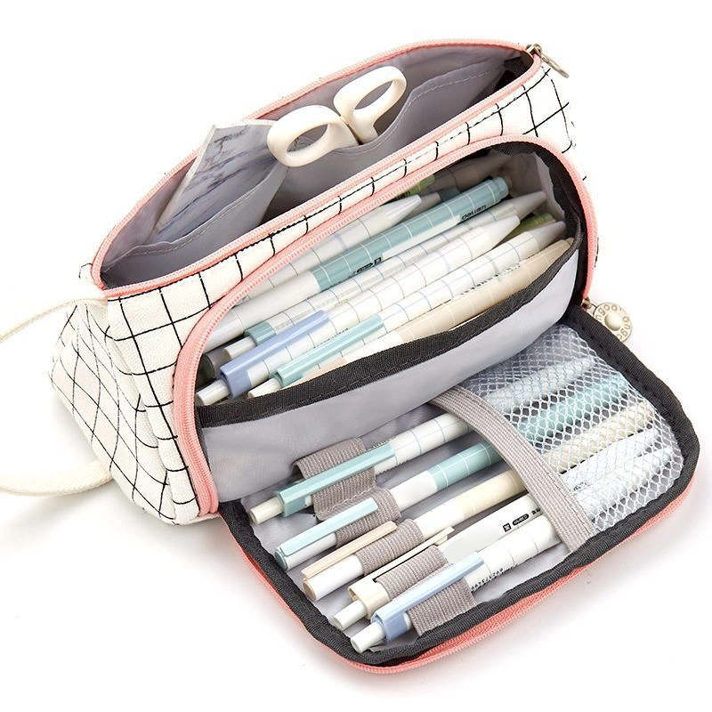 Large Pencil Case Double Layer Black White Grid Cute Multifunction Canvas Pen Bag for Girls