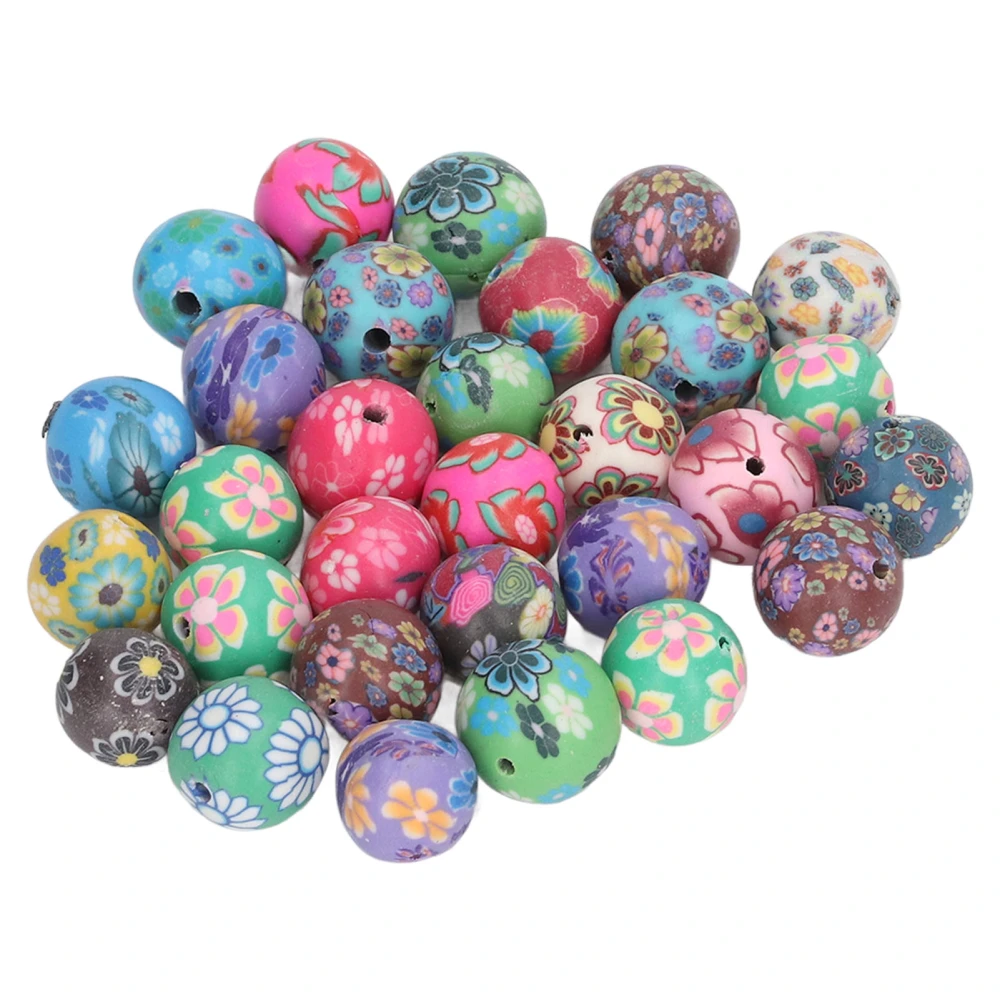 30Pcs Round Clay Beads 0.4 to 0.5in Assorted Colorful Flower Pattern Preppy Beads for Jewelry Pendant DIY