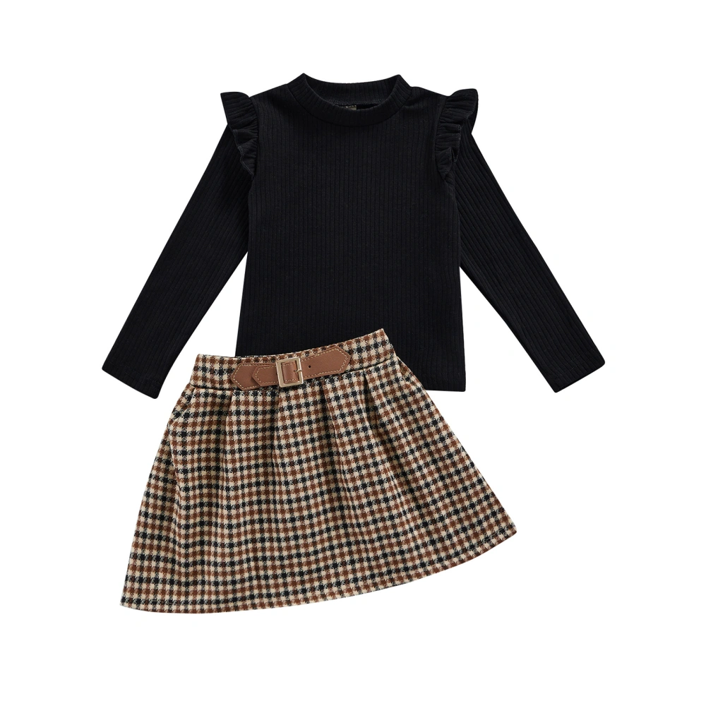 Girls Skirt Set High-neck Knit Ruffled Long-sleeved Tops Plaid Skirt