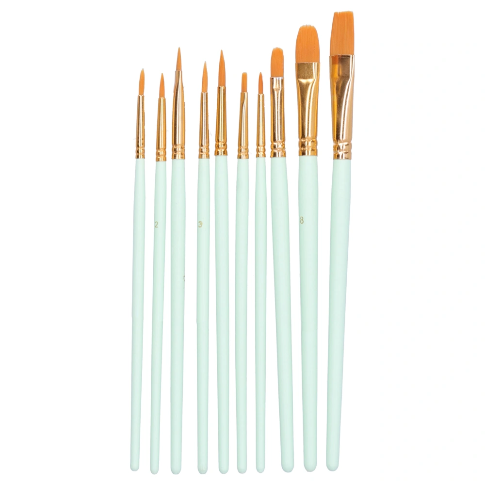 10Pcs Paintbrush Wood Pole Nylon Wool Gouache Watercolor Painting Tool Set for Beginner(101G-Mint Green )