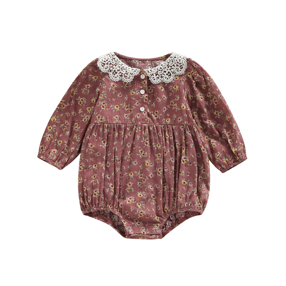 Baby Girls Long Sleeve Doll Collar Button Down Floral Romper