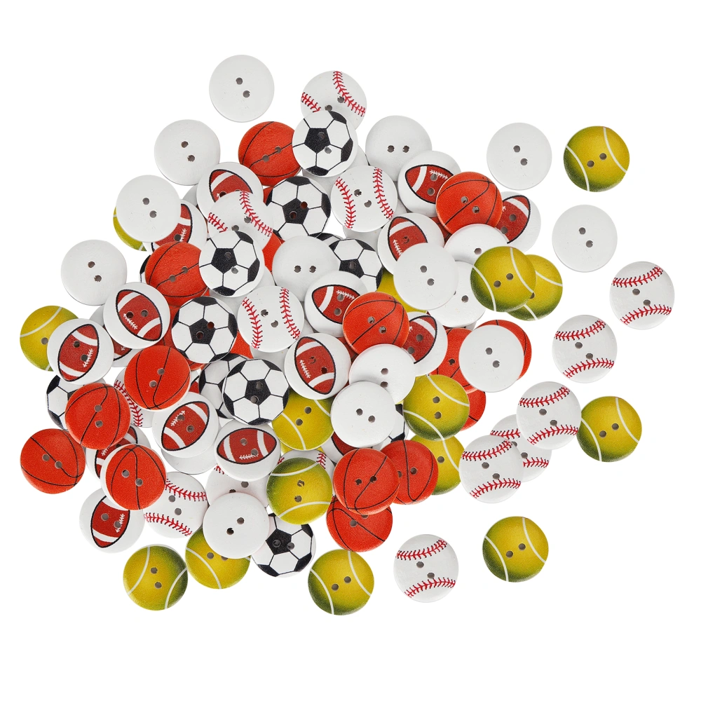 100Pcs Wooden Buttons 2‑Hole Round Shape Basketball Football Mixed Pattern Sewing Buttons