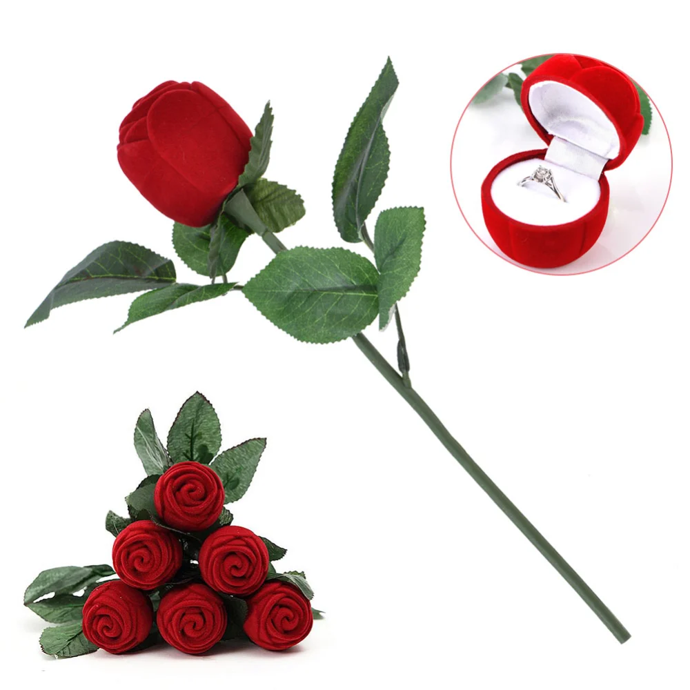 Red Rose Shape Ring Box Valentine's Day Jewelry Earring Romantic Proposal Ring Case