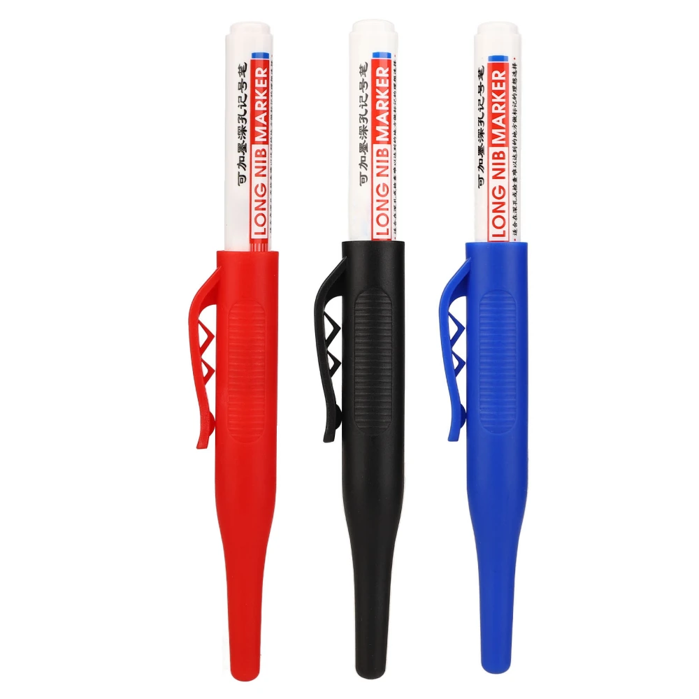 3pcs Long Head Deep Hole Marker Waterproof Refillable Ink 30mm Long Nose Marker with Pen Clip Marker Pens Red Blue Black