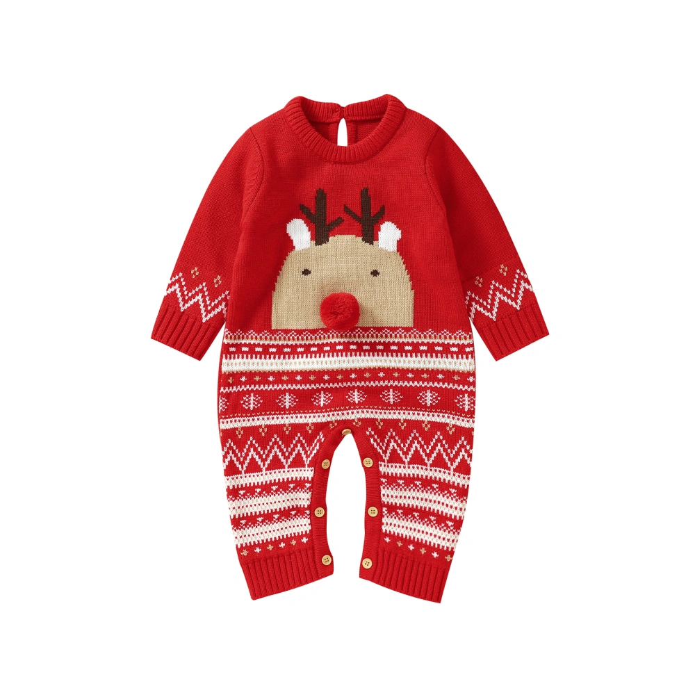 Baby Christmas Romper, Cute Deer Print Long Sleeve Knit Jumpsuit