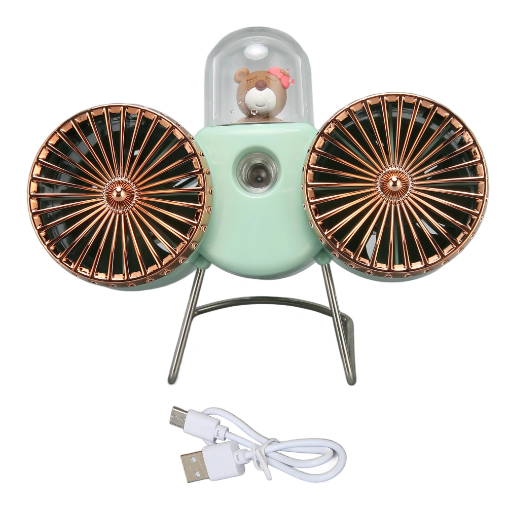 Double Headed Fans Cute USB C Fast Charging 3 Wind Speeds Portable Spray Fans with Night Lamp for Dormitory Desktop Green