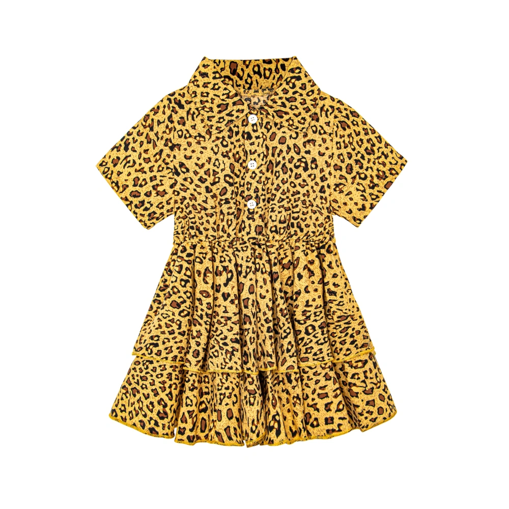 Girl’s Leopard/Flower Button Lapel Short Sleeve Mid-length Dress