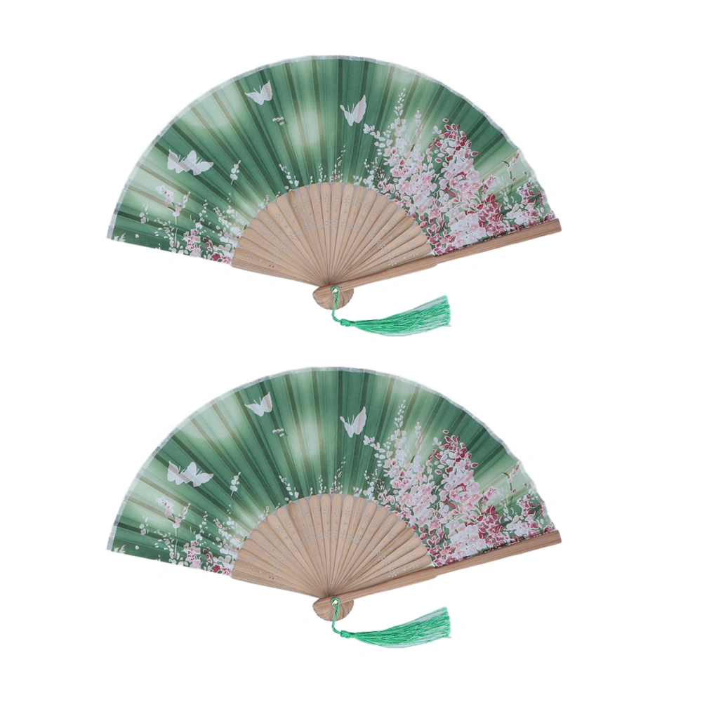 2pcs Folding Fan Green Unique Pattern Elegant Style Handheld Portable Decorative Cooling Tool for Promotional Items