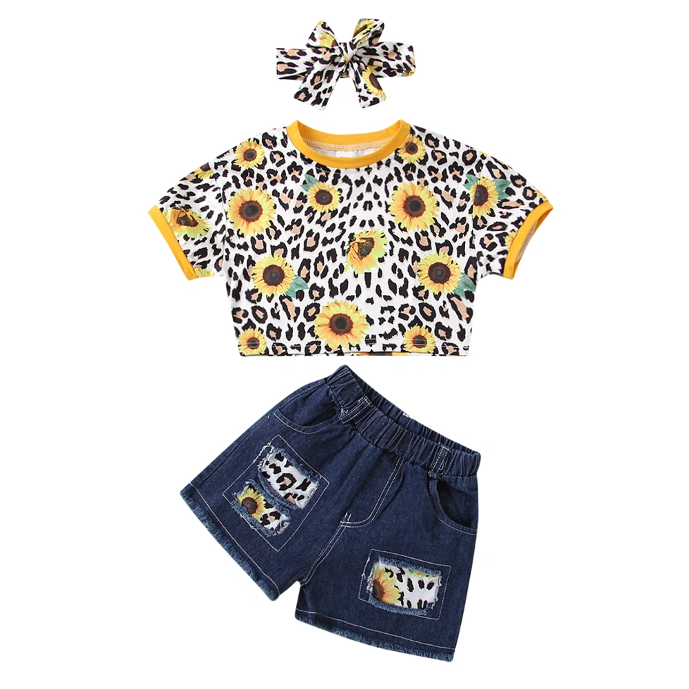 Sunflower & Leopard Print T-shirt + Ripped Jeans + Bowknot Headband