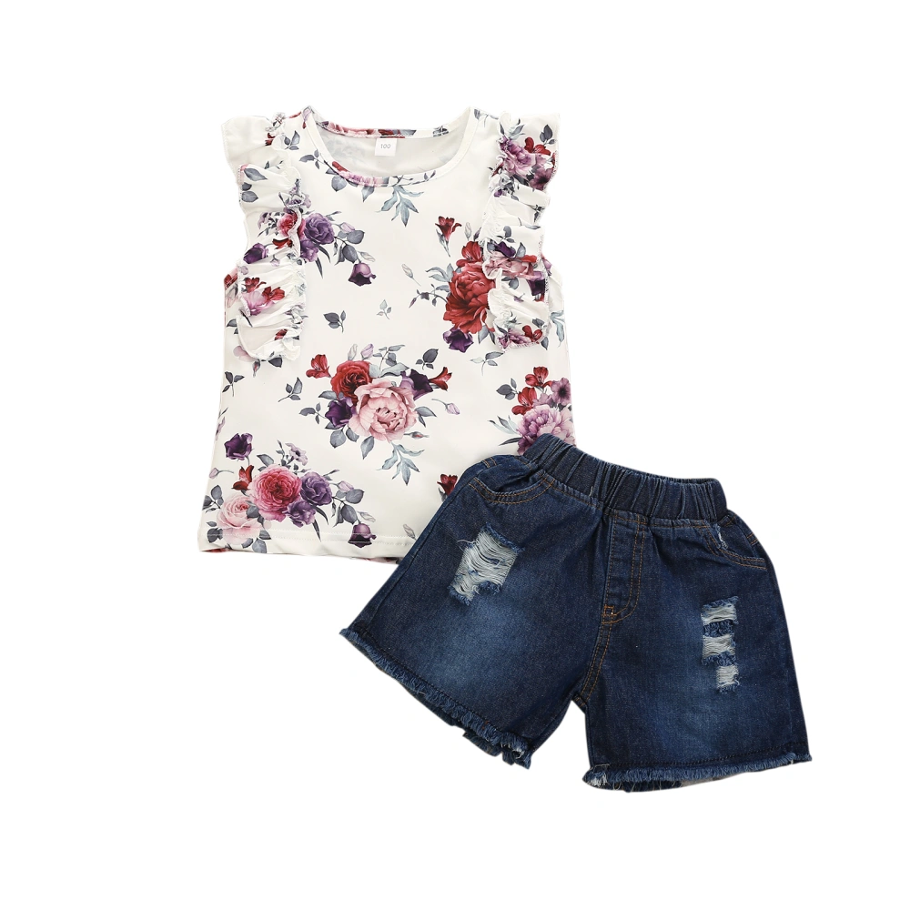 Kids Girls Floral Print O-Neck Sleeveless Tops+ Ripped Denim Shorts