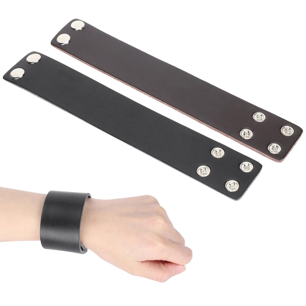 2Pcs Punk Wristband Retro Hand‑Made Top‑Grain Leather Adjustable Bracelets Black + Brown