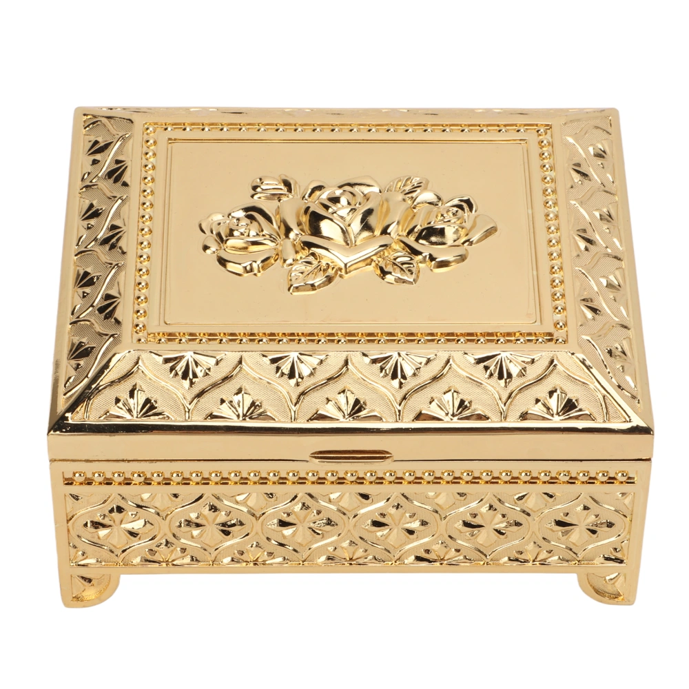 Trinket Box Vintage Rose Pattern Embossed Single Layer Flip Top Zinc Alloy Jewelry Storage Box Gift Box for Women Girls Gold