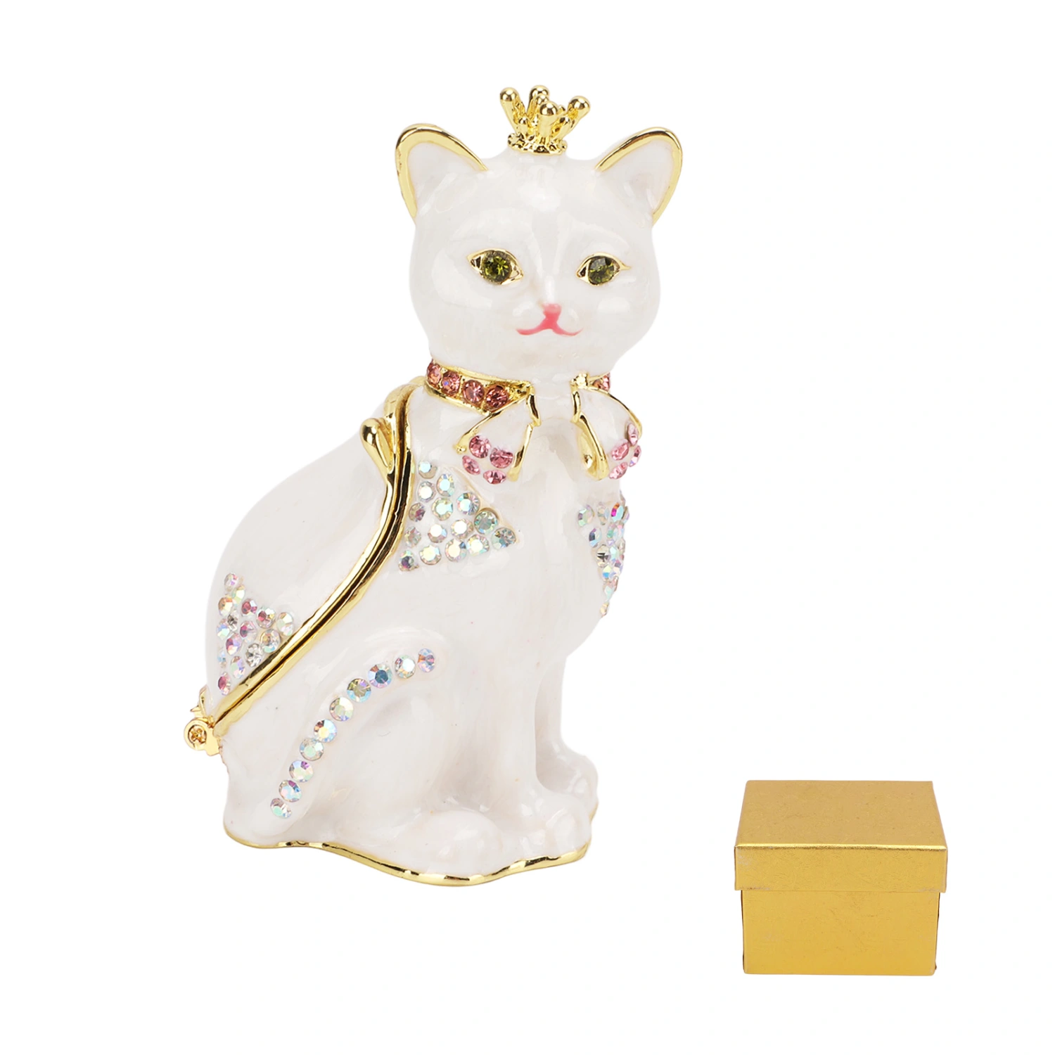 Cat Hinged Jewelry Box Sparkling Rhinestones Fine Details Hand Painted Cat Decor Trinket Box for Storage Gifts