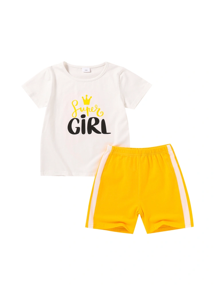 2Pcs Toddler Summer Outfit, Letters Print T-Shirt + Match Color Shorts