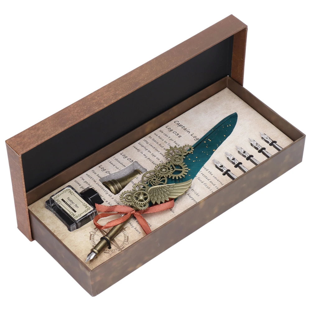 Feather Pen European Style British Retro Style Gold Stainless Steel Carved Feather Pen Business Dip Pen Gift Box Set Dark Green