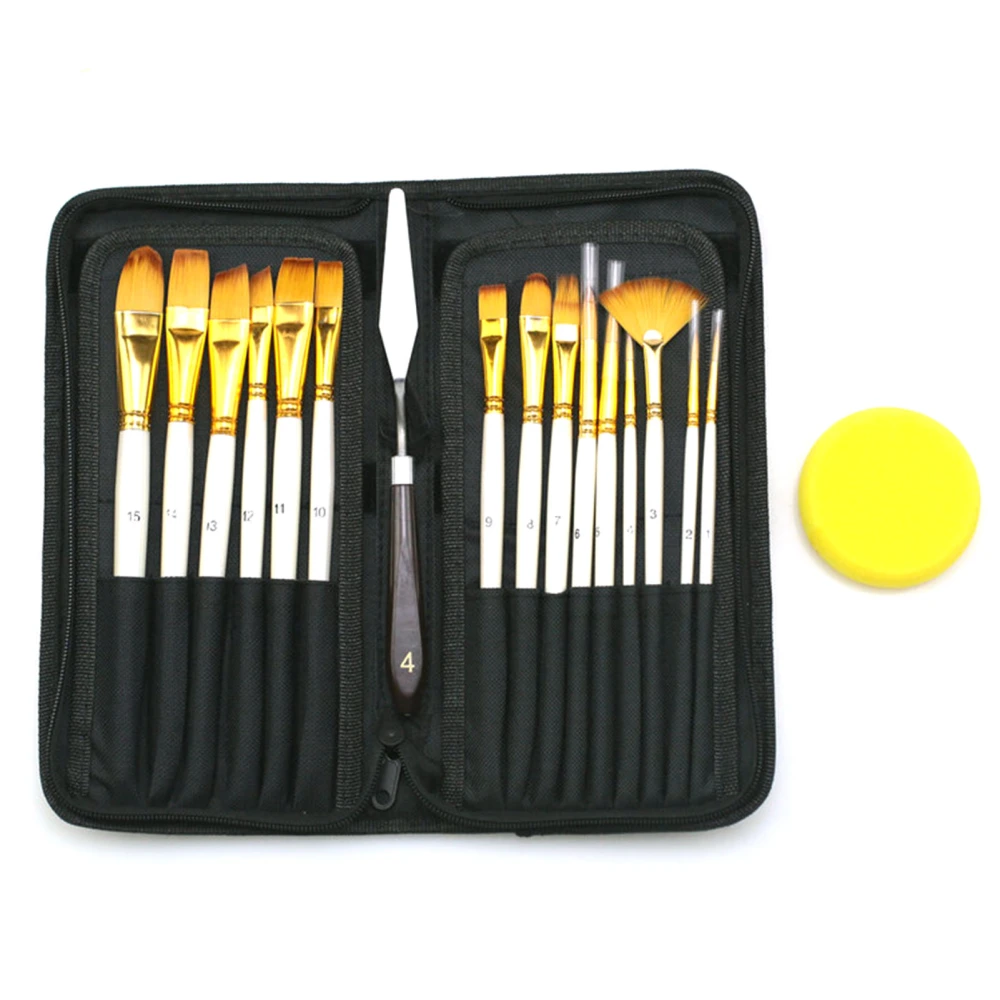 15pcs Paint Brush Set Acrylic Detailed Oil Painting Brushes with Canvas Bag for Kids Adult Drawing Arts Crafts