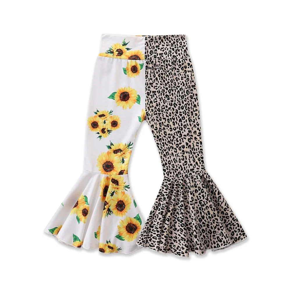 Color Block Flared Pants, Mid-rise Sunflower & Leopard Print Trousers