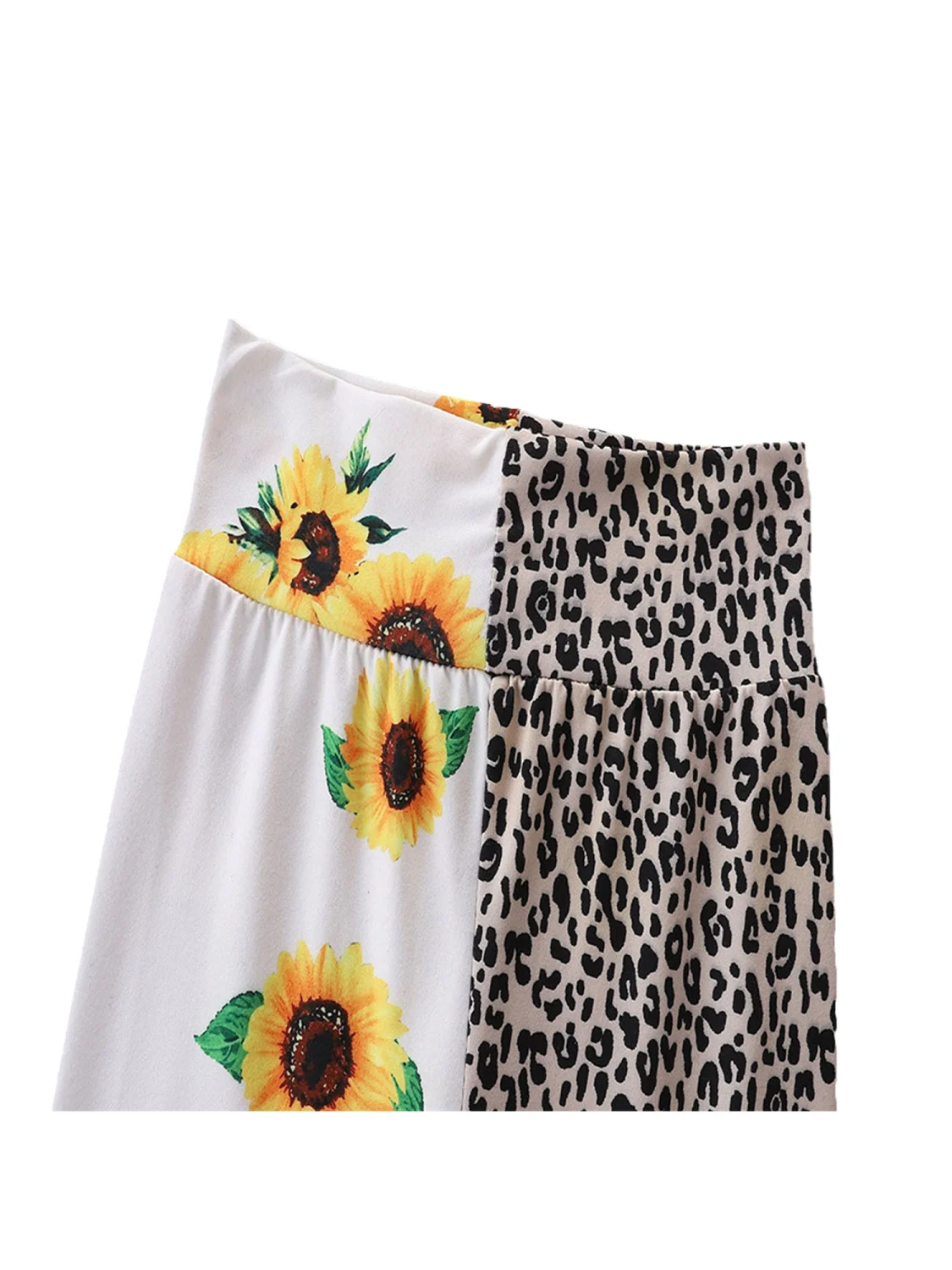 Color Block Flared Pants, Mid-rise Sunflower & Leopard Print Trousers