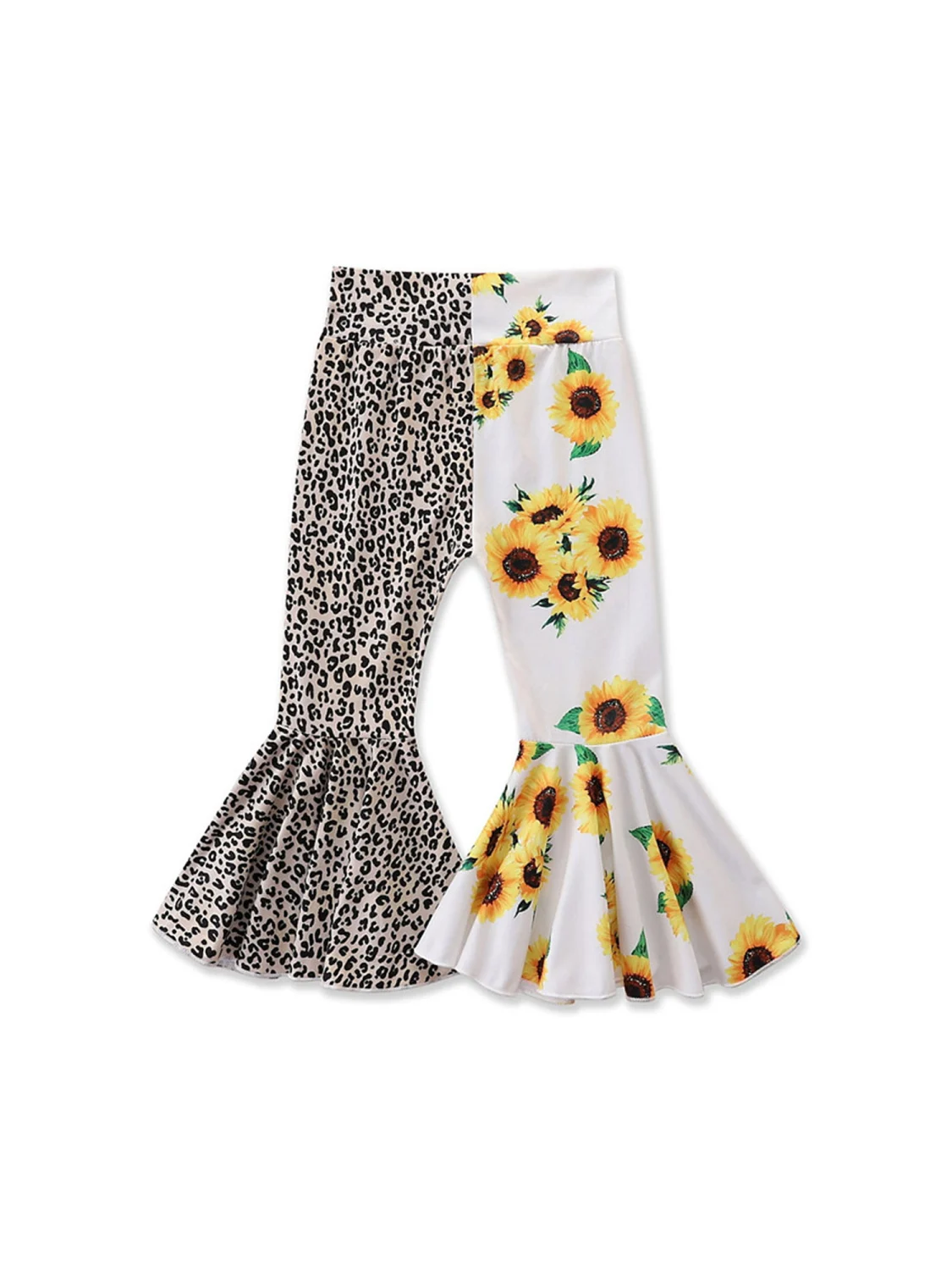 Color Block Flared Pants, Mid-rise Sunflower & Leopard Print Trousers