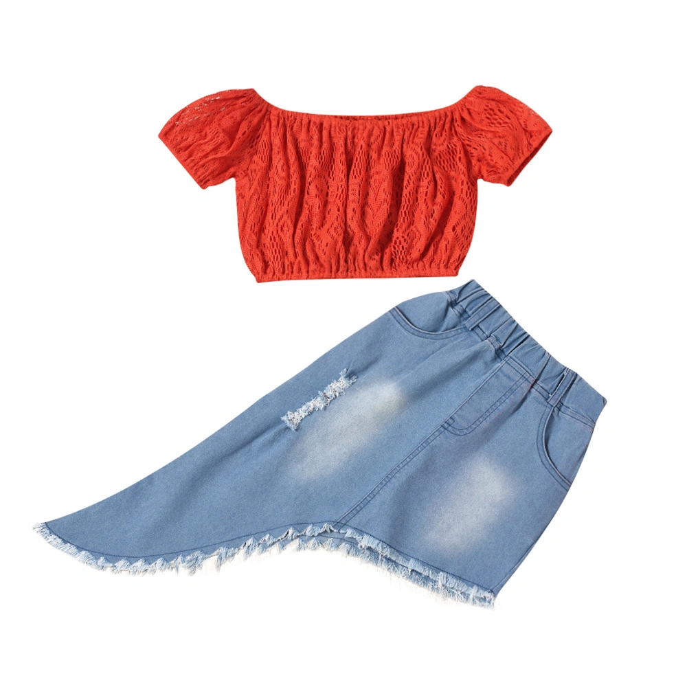 Kids Solid Color Boat Neck Short Sleeve Crop Tops+ Denim Skirt