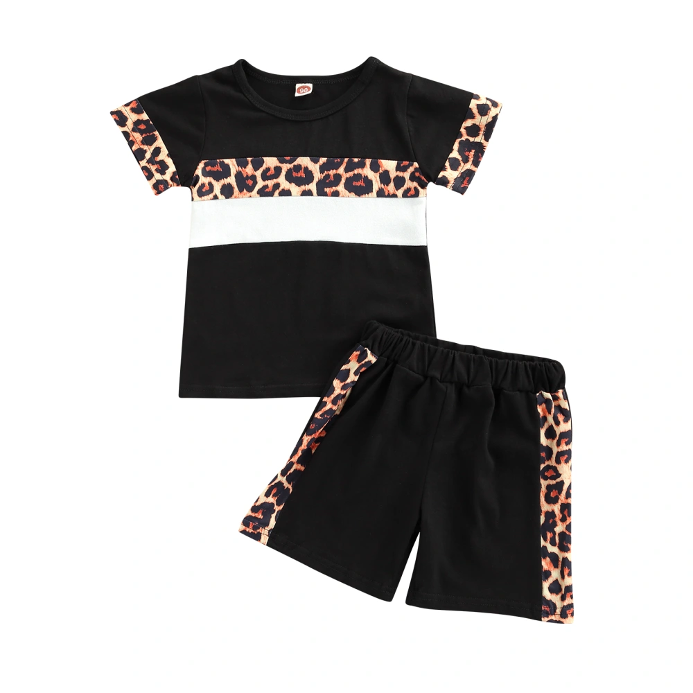 Leopard Outfits, Color Block Short Sleeve Round Neck T-shirt + Shorts