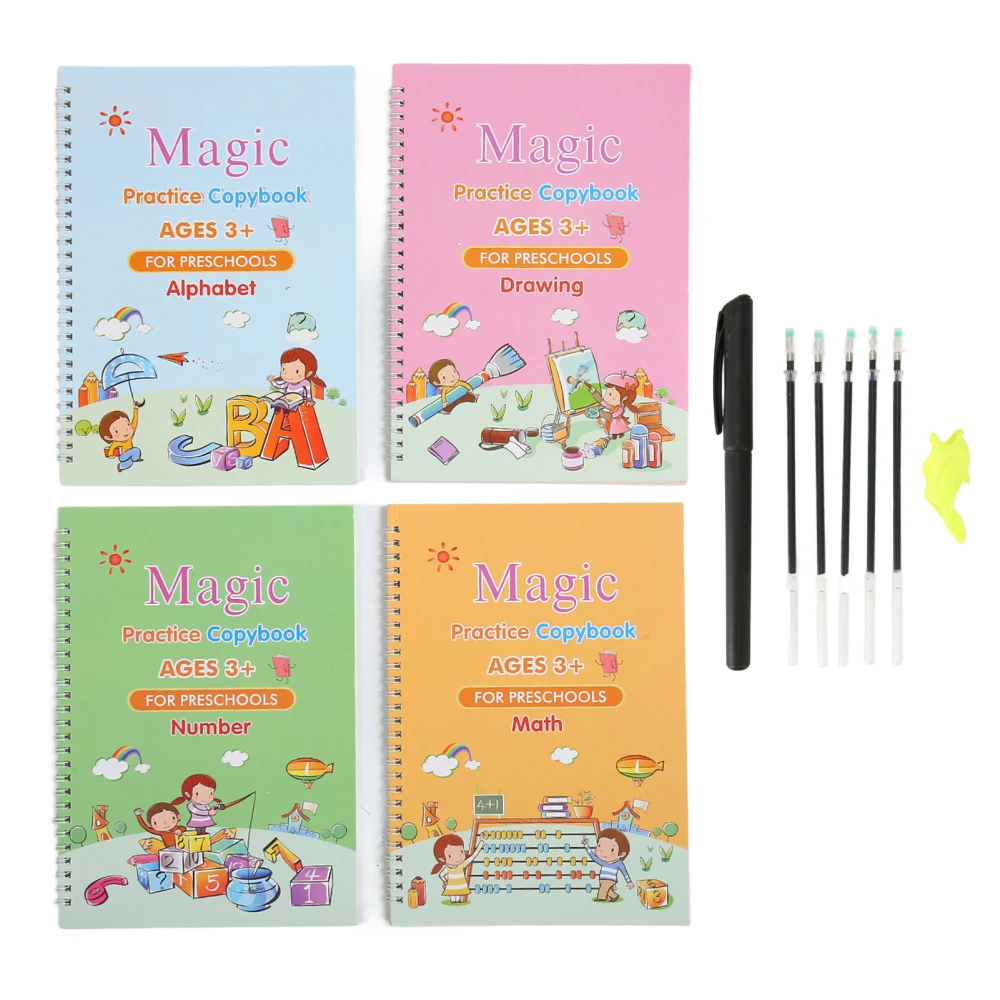 4 Packs Kids Practice Copybook Auto Ink Fading 3D Grooved Handwriting Practice Book for Preschool Ages Over 3