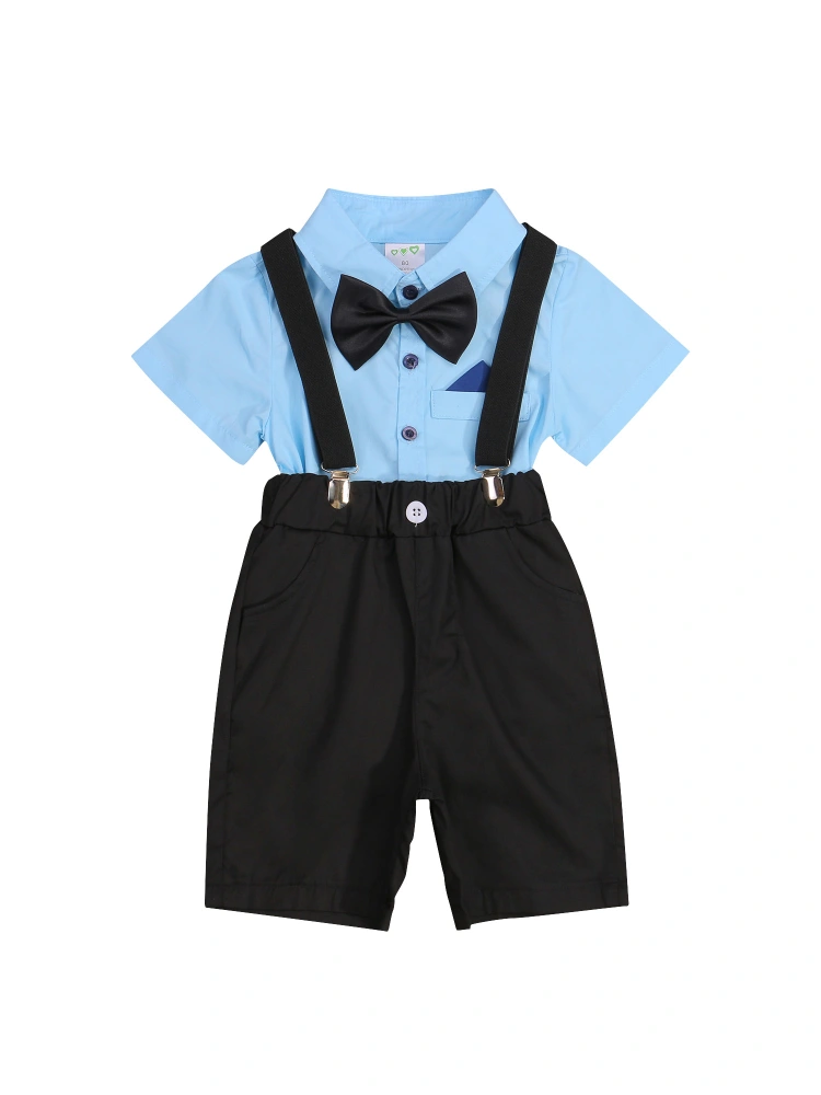 Boys Solid Color Clothes Set, Lapel Neck Shirt+Suspender Shorts