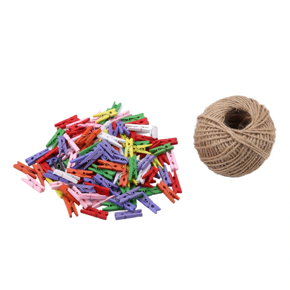 200pcs Natural Wooden Mini Clothespins Clip Peg with 1 Roll 50 Meter Jute Twine Crafts Decor