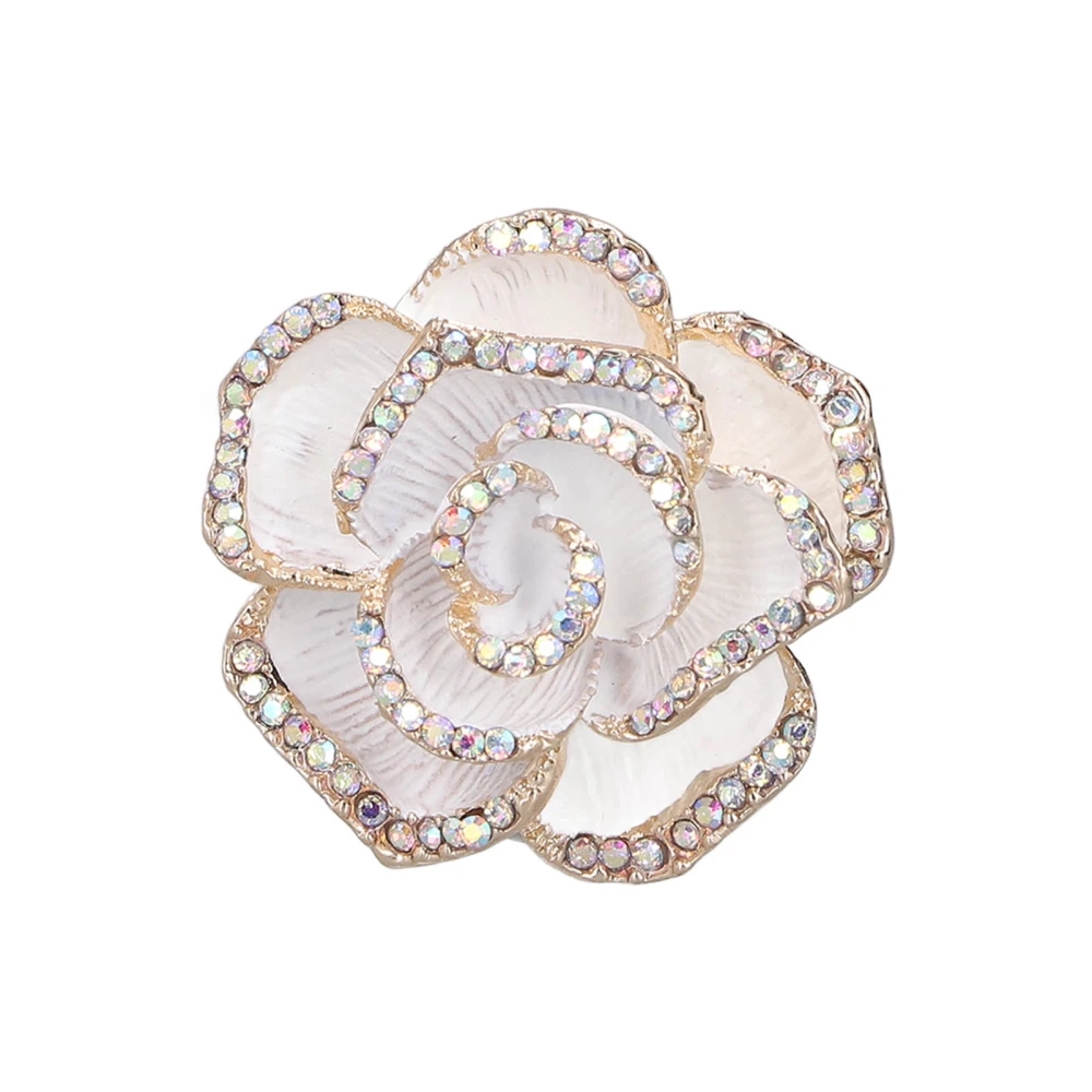 Brooch Pin Camellia Shape Elegant Exquisite Rhinestone Embellished Brooch for Women Clothes Silk Scarf Decoration GiftWhite