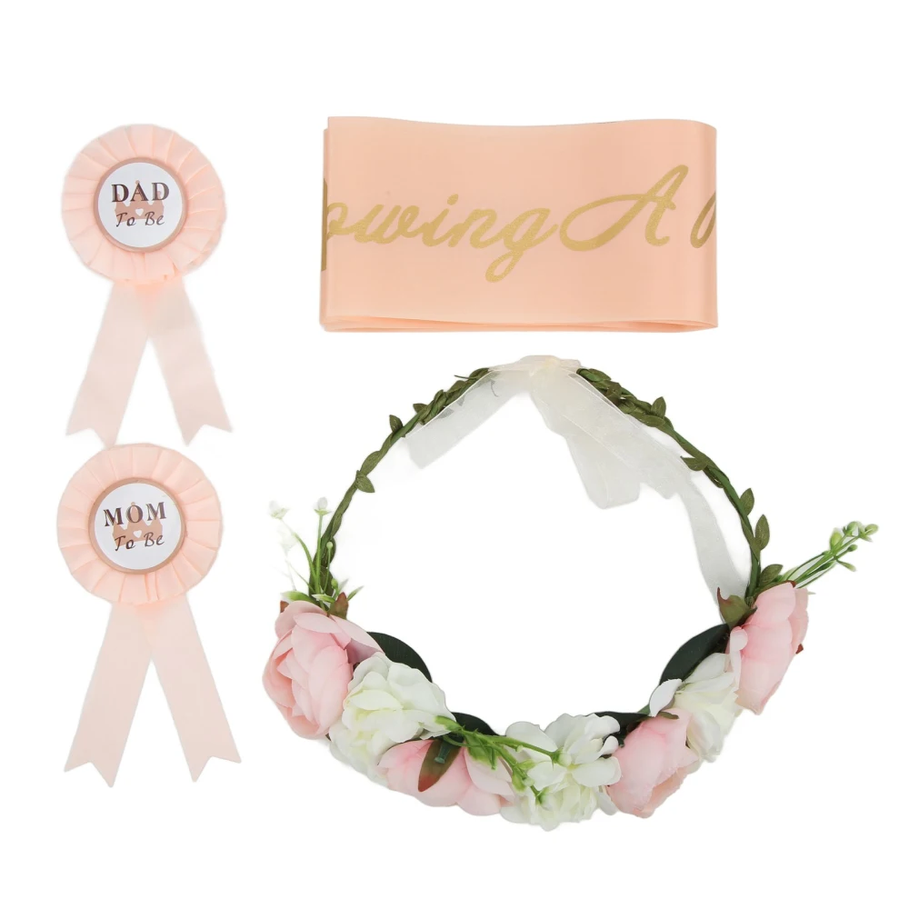 Baby Shower Tiara Baby Shower Strap Badge Eternal Wreath Floral Headpiece Set Decoration Photo Props for Baby Shower Party